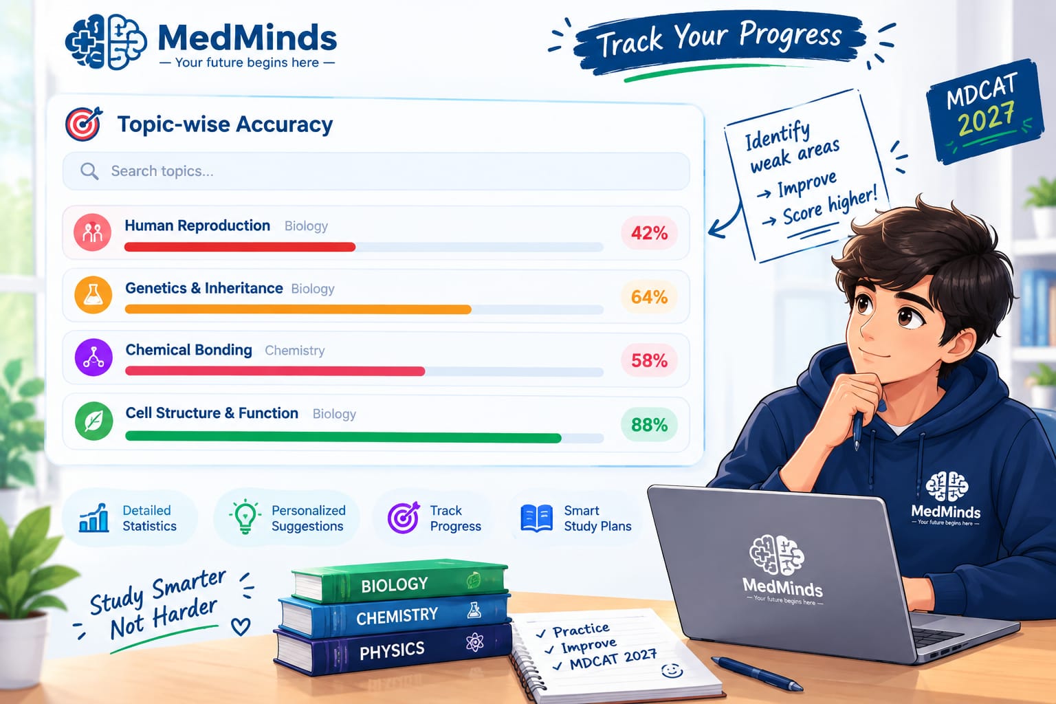 Topic-wise accuracy dashboard showing weak and strong chapters