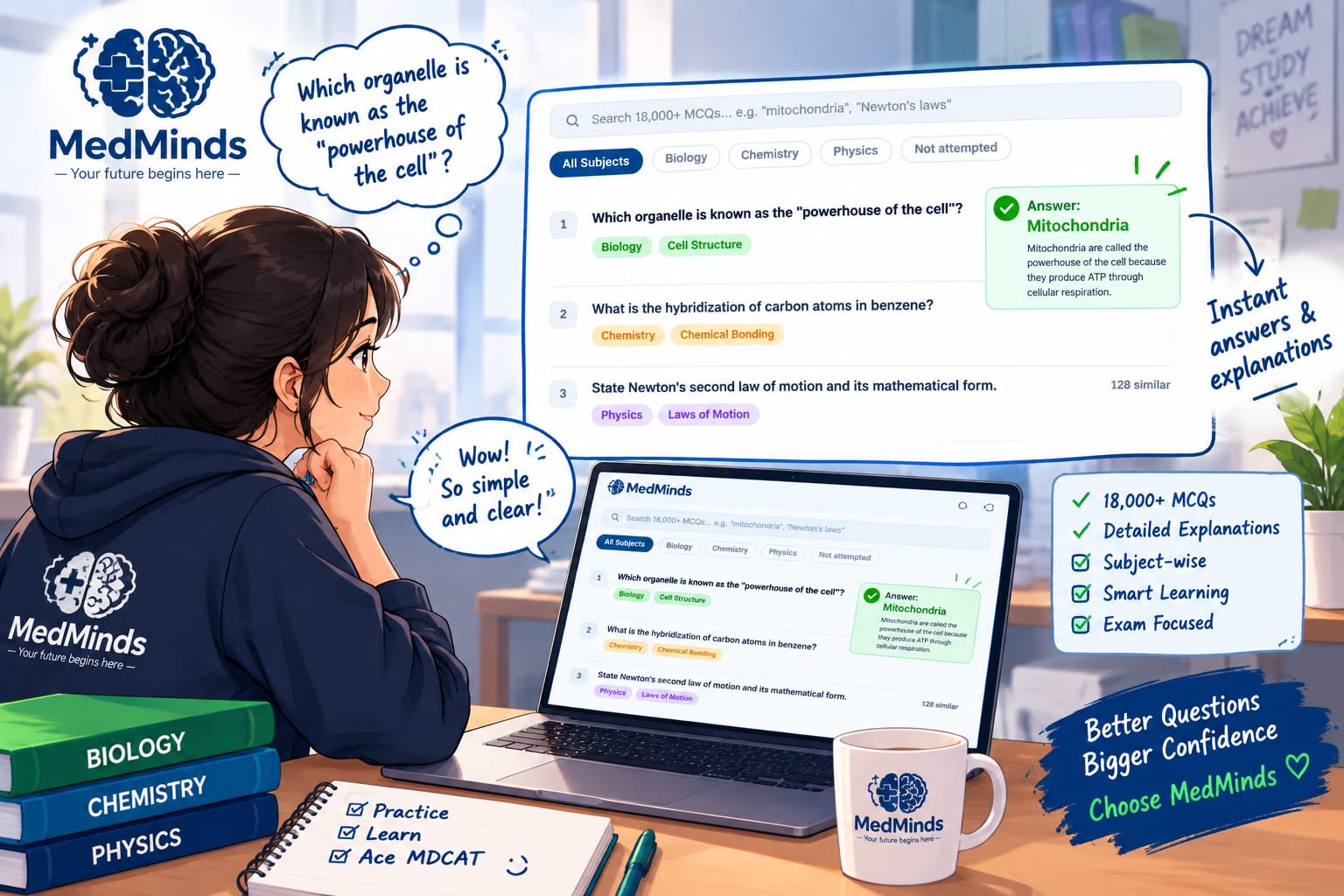 Searchable question bank with instant answers and explanations