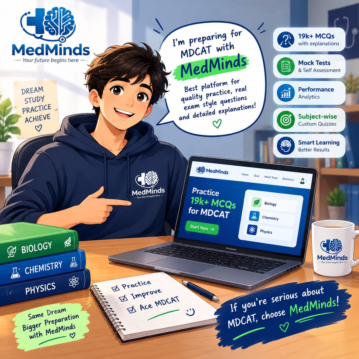 A student practising MDCAT MCQs on the MedMinds platform